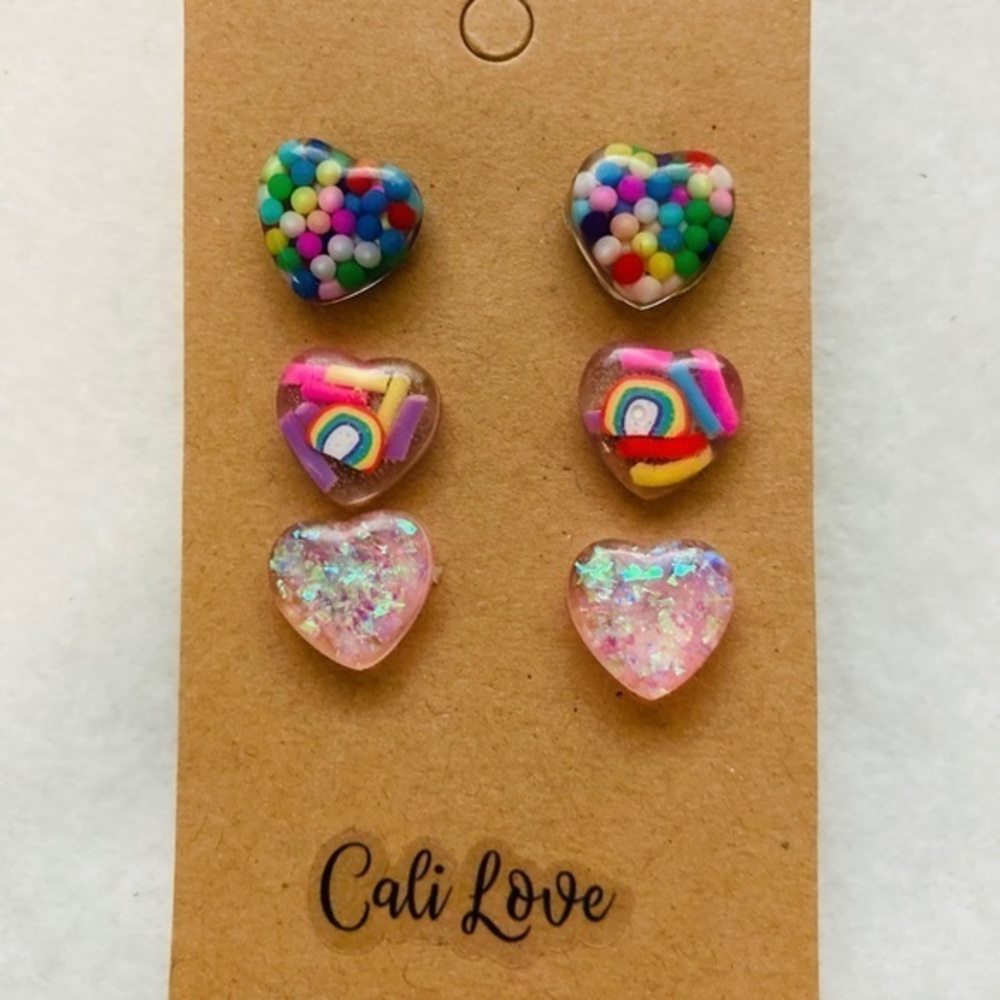 Fun Heart Rainbow Glitter Earrings 3 Pair Pack (New)